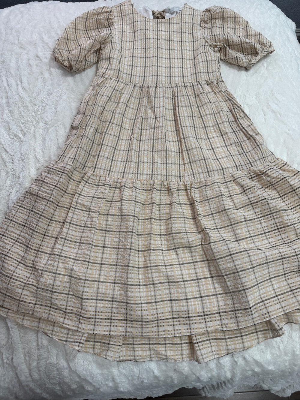 English Factory Plaid Puff Sleeve Tiered Midi Dress Small Neutral Cottagecore - Picture 2 of 7